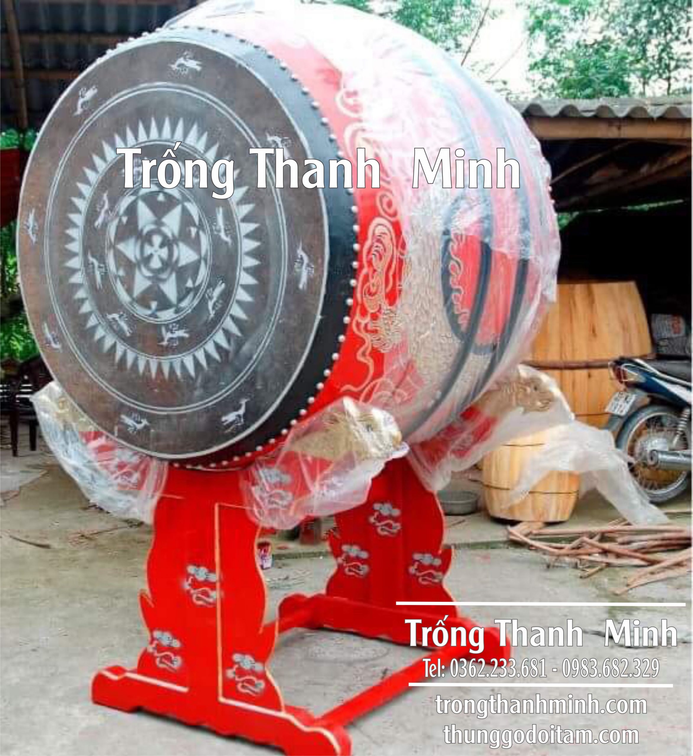 Xưởng sản xuất Trống Chùa Thanh Minh kích thước mặt trống 120cm cao 150cm