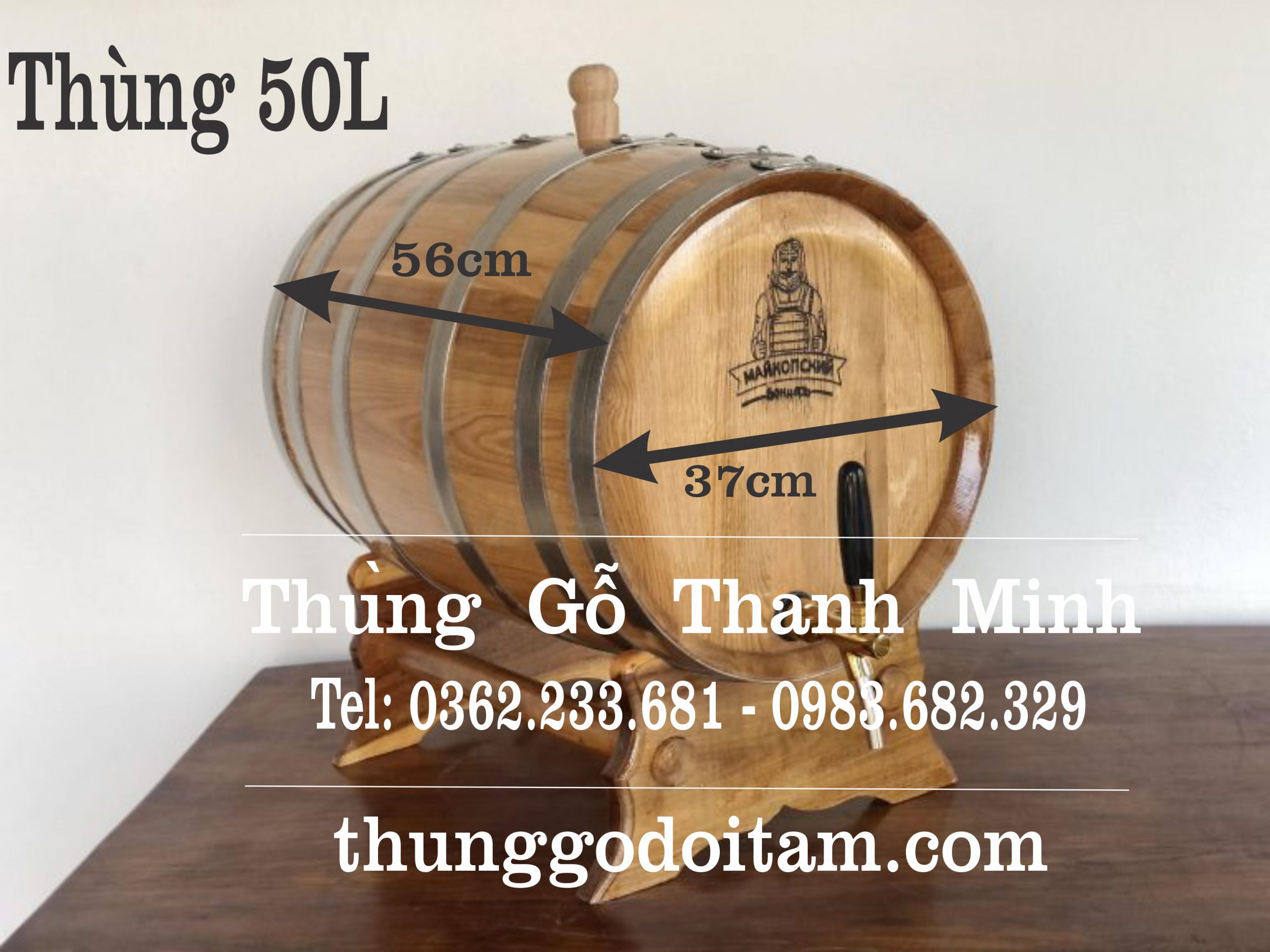 Thùng rượu gỗ sồi 50L khắc mặt theo yêu cầu khách hàng - Xưởng Thanh Minh