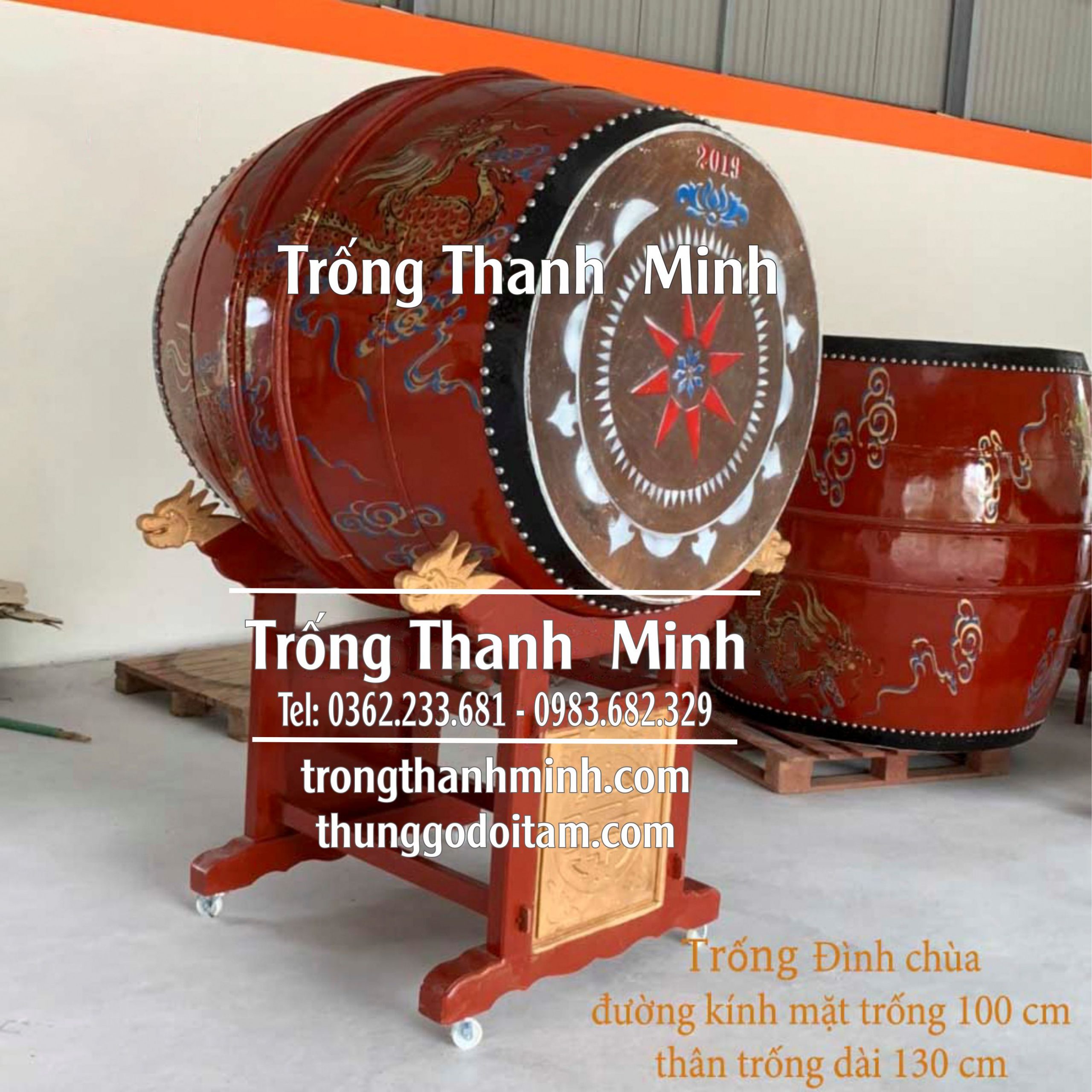 Xưởng sản xuất Trống chùa Thanh Minh kích thước mặt trống 100cm cao 130cm