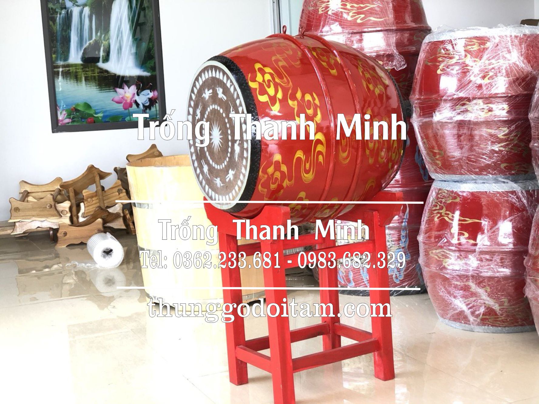 Xưởng sản xuất Trống chùa giá rẻ Thanh Minh kích thước mặt trống 44cm cao 55cm